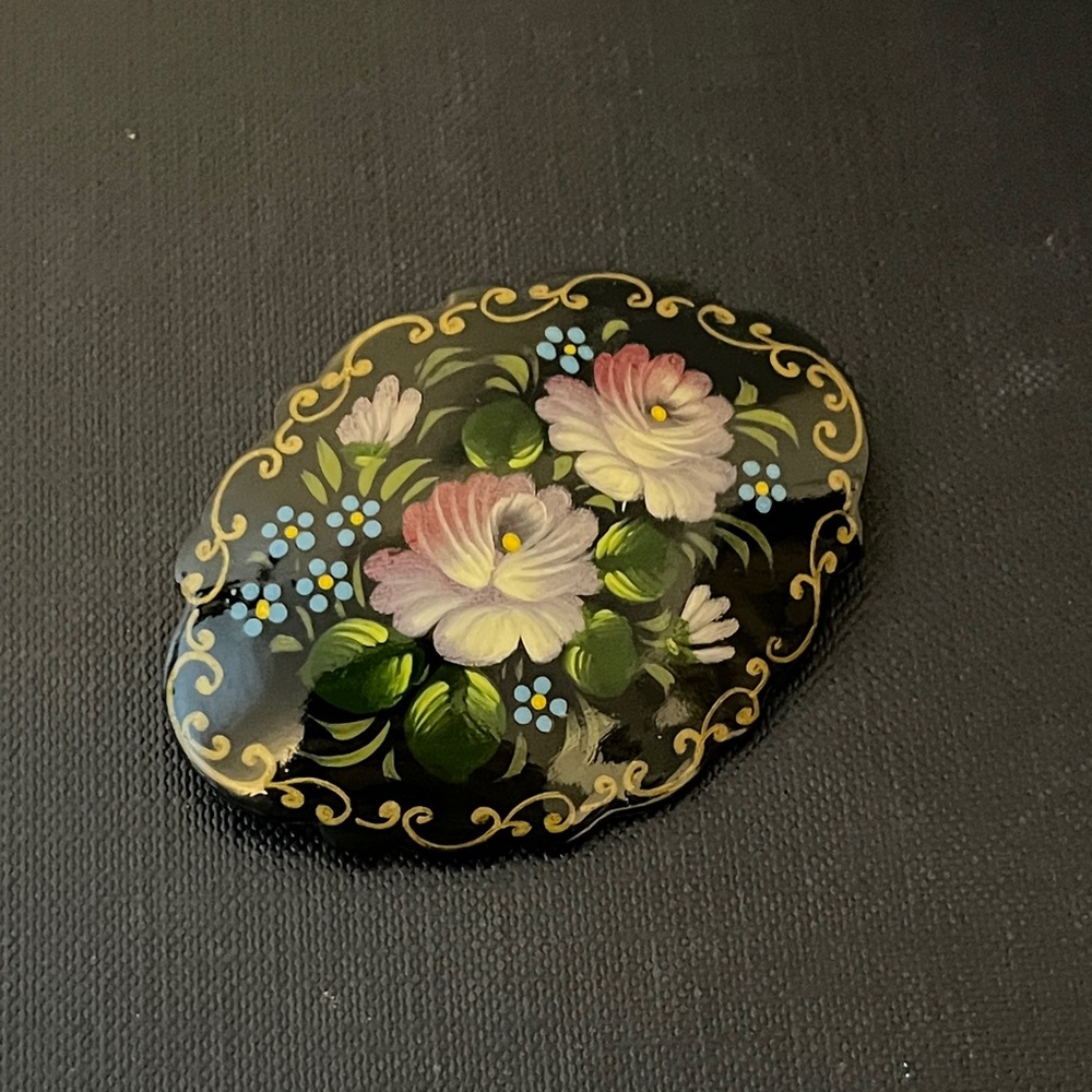 Vintage Russian Black Lacquer Hand‎ Painted Floral Brooch Signed